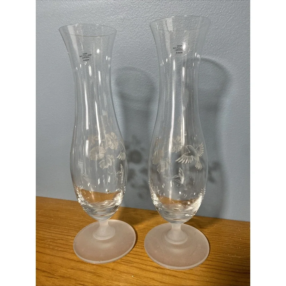 Hummingbird Floral Etched Bud Vase Vintage Avon Over 24% Full Crystal